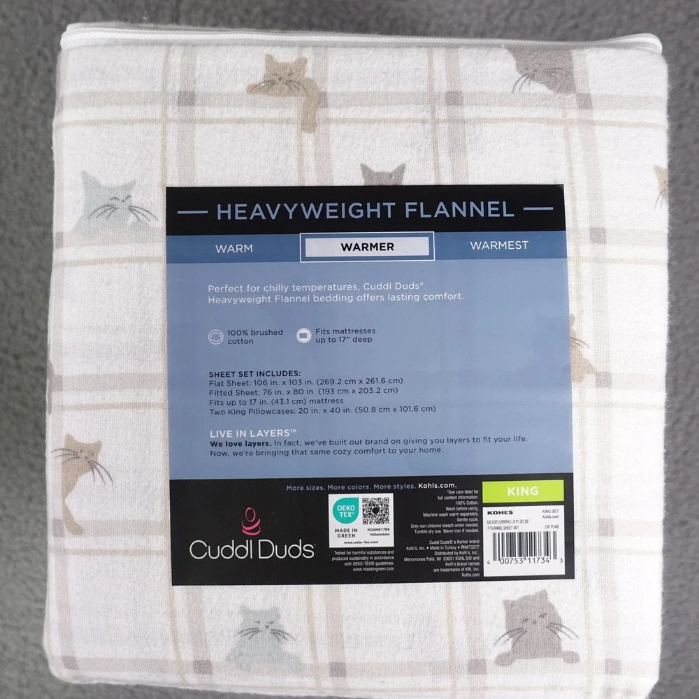 Cuddl Duds King Sheet Set Heavyweight Flannel Cat Plaid White Tan Grey 4pc New